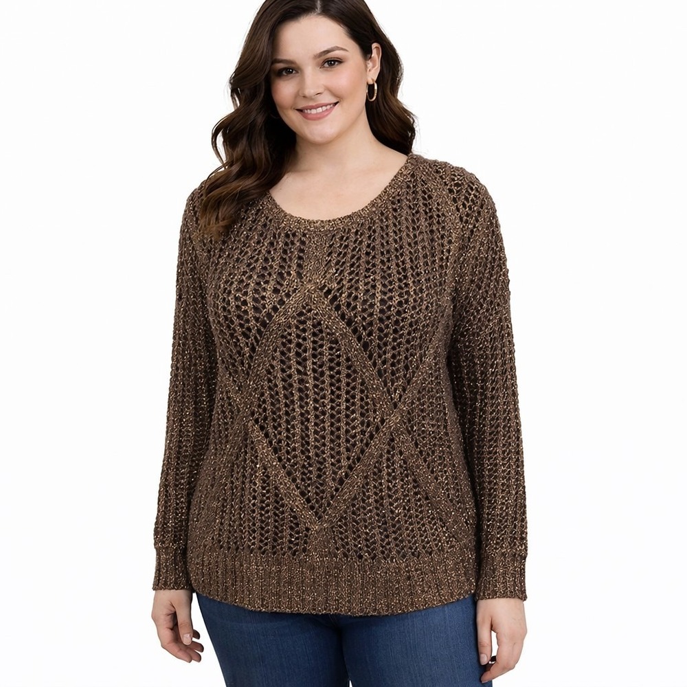 I JEANS by BUFFALO Size Large Gold &‎ Brown Metallic Open Knit Casual Sweater